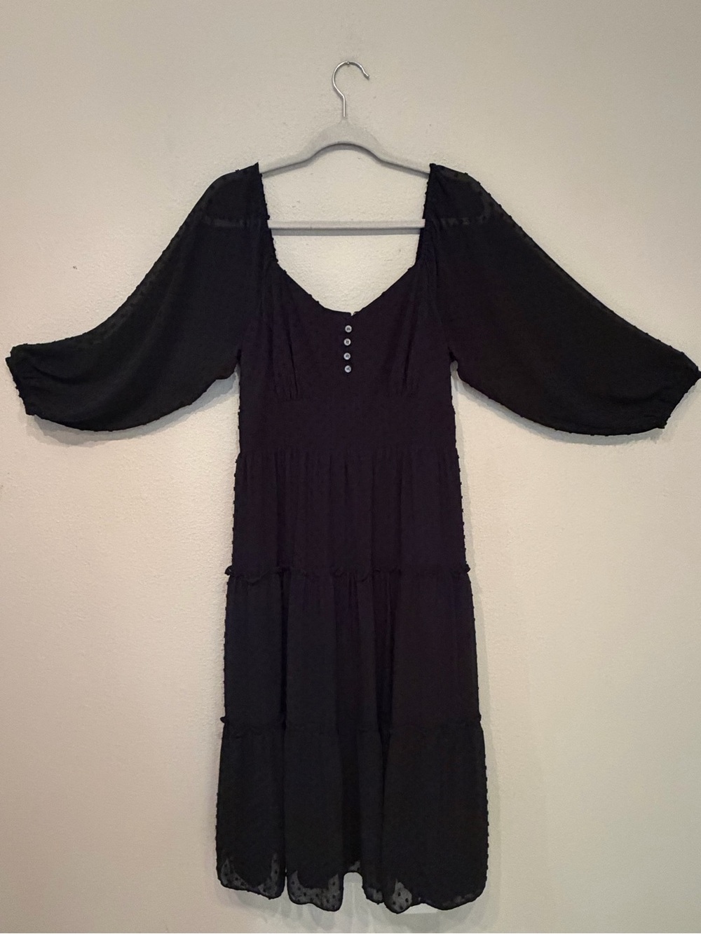 J Crew Bohemian Black Tiered Midi Dress with Puff Sleeves